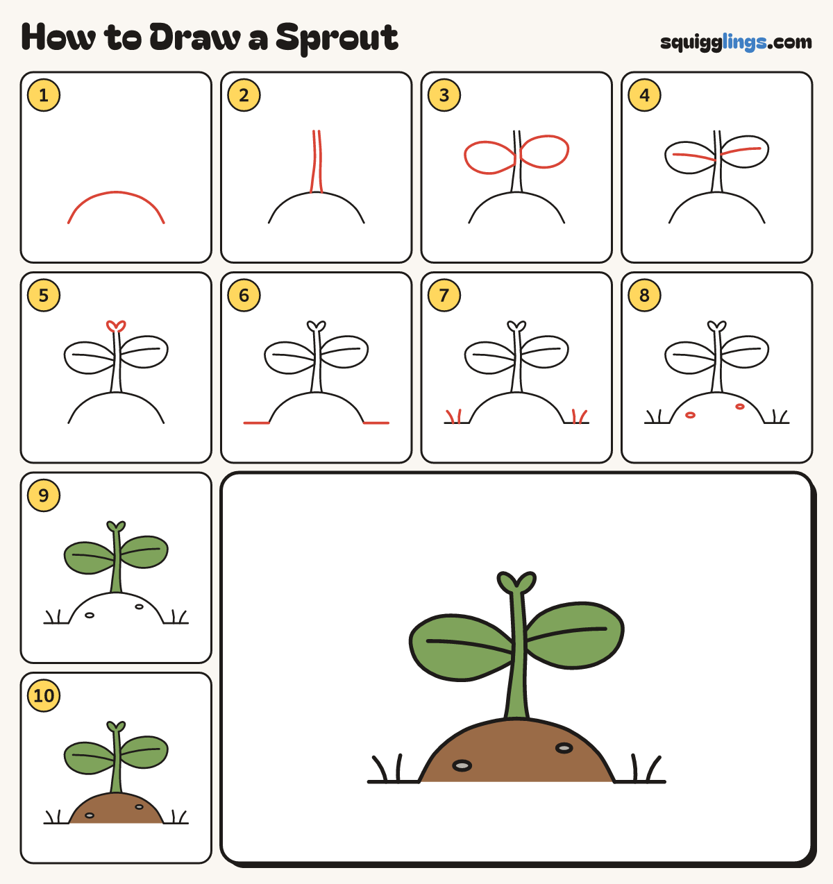 How to Draw a Sprout step by step: all 10 steps in one picture