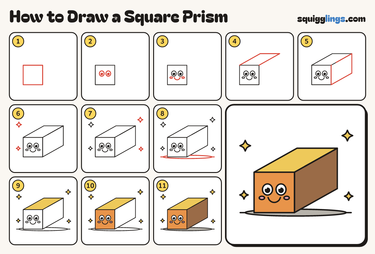 How to Draw a Square Prism step by step: all 11 steps in one picture