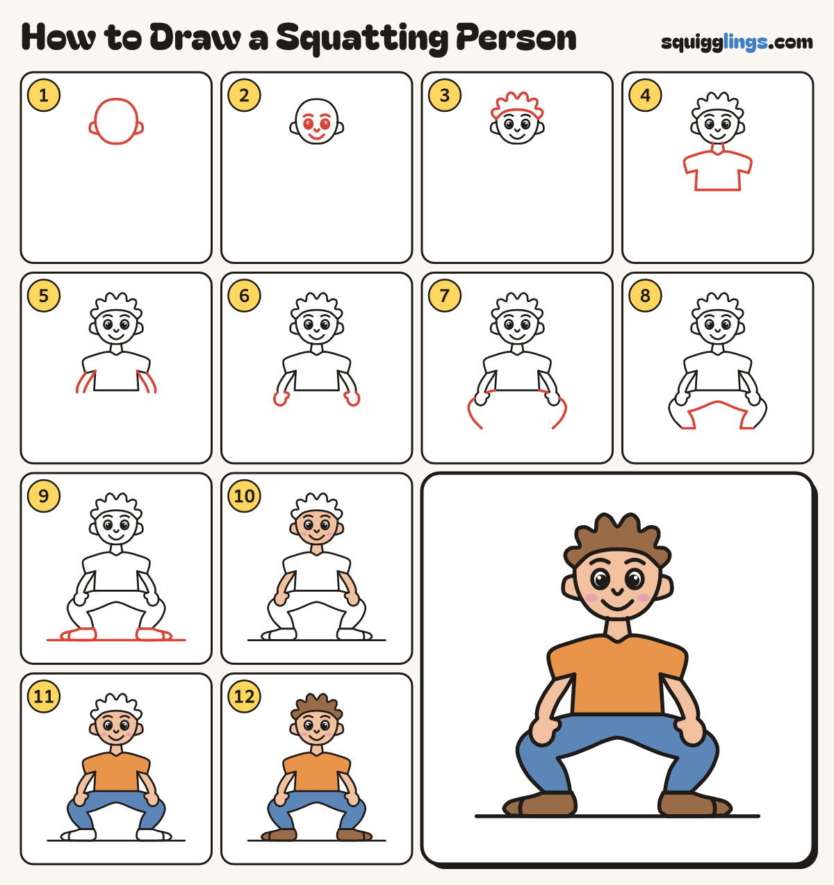 How to Draw a Squatting Person step by step: all 12 steps in one picture