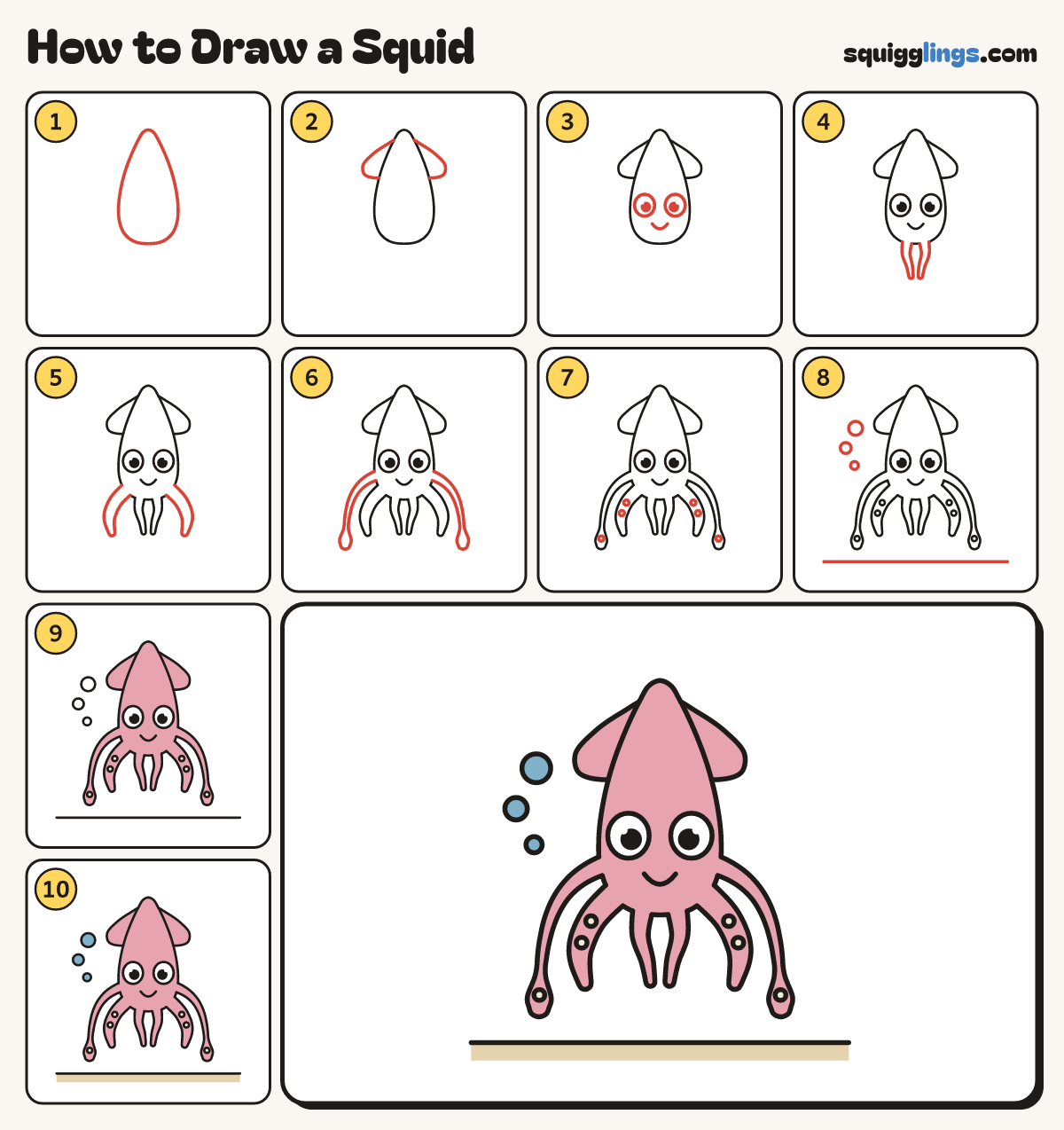 How to Draw a Squid step by step: all 10 steps in one picture