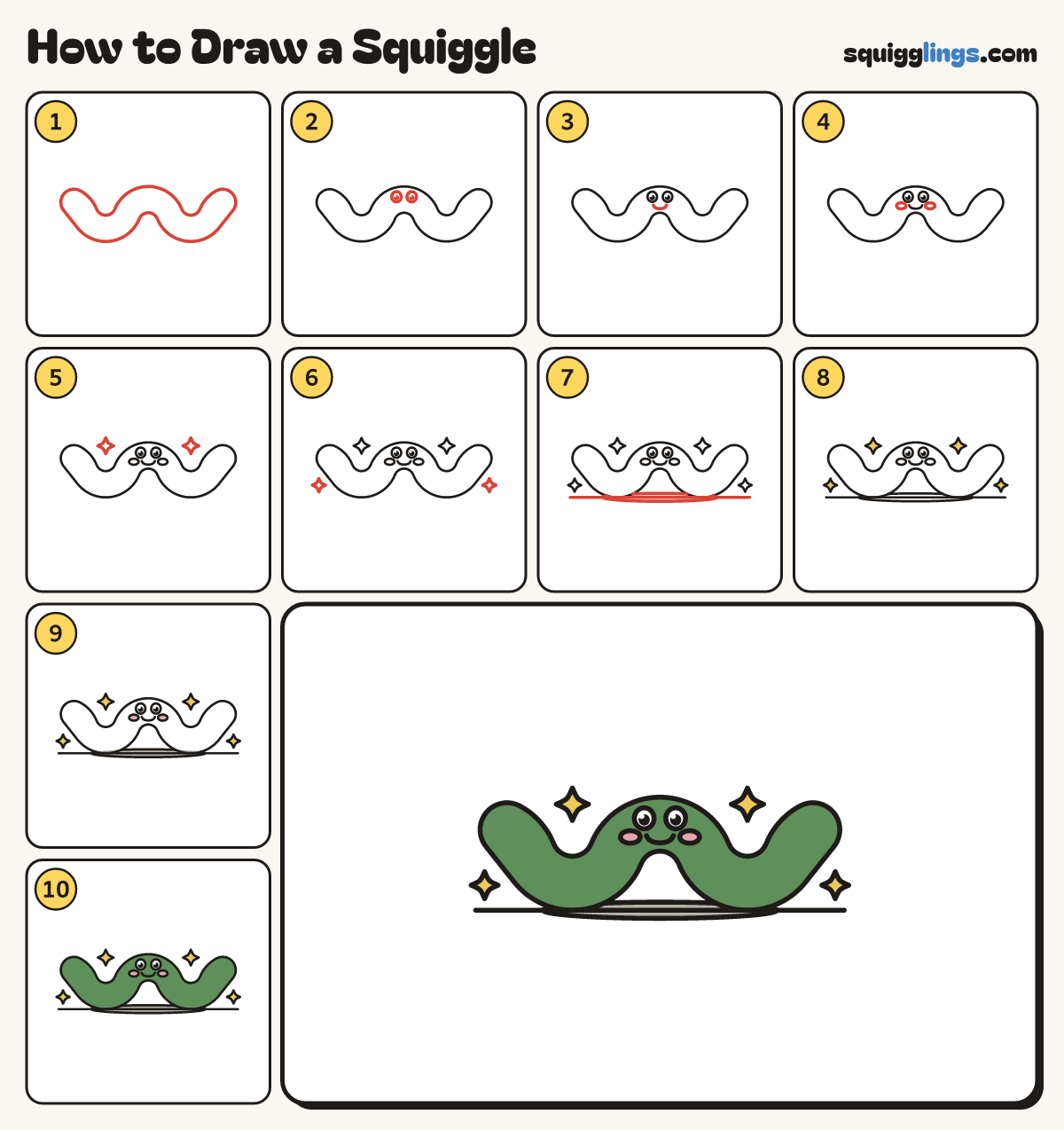 How to Draw a Squiggle step by step: all 10 steps in one picture