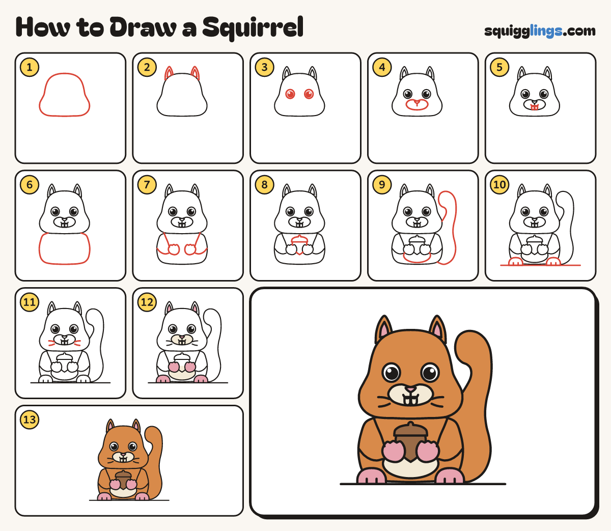 How to Draw a Squirrel step by step: all 13 steps in one picture