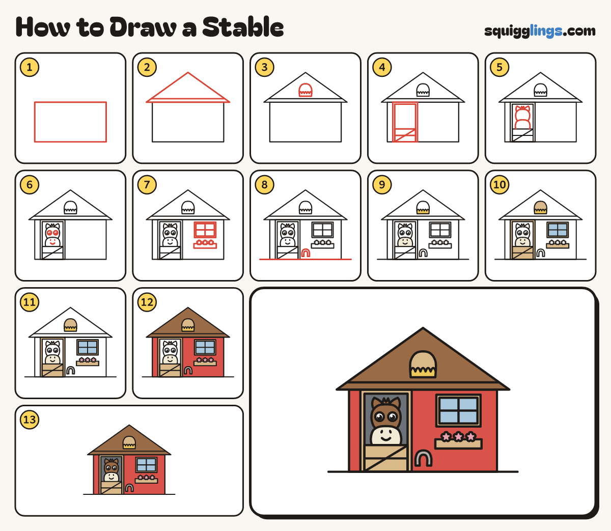 How to Draw a Stable step by step: all 13 steps in one picture
