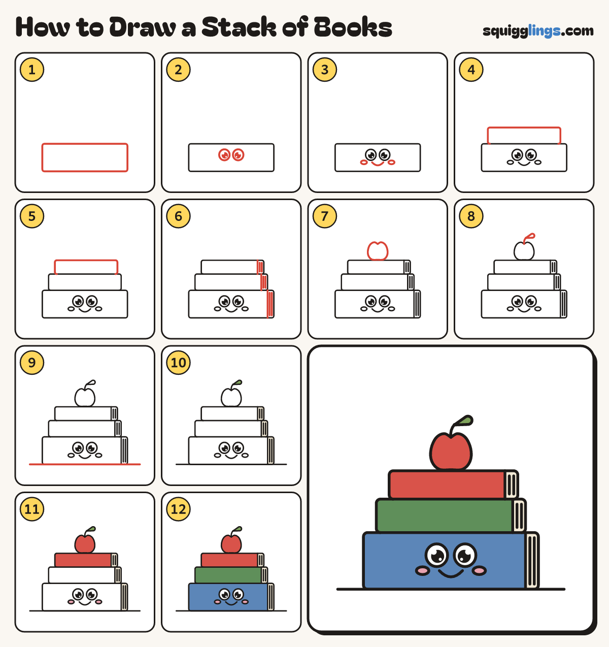 How to Draw a Stack of Books step by step: all 12 steps in one picture