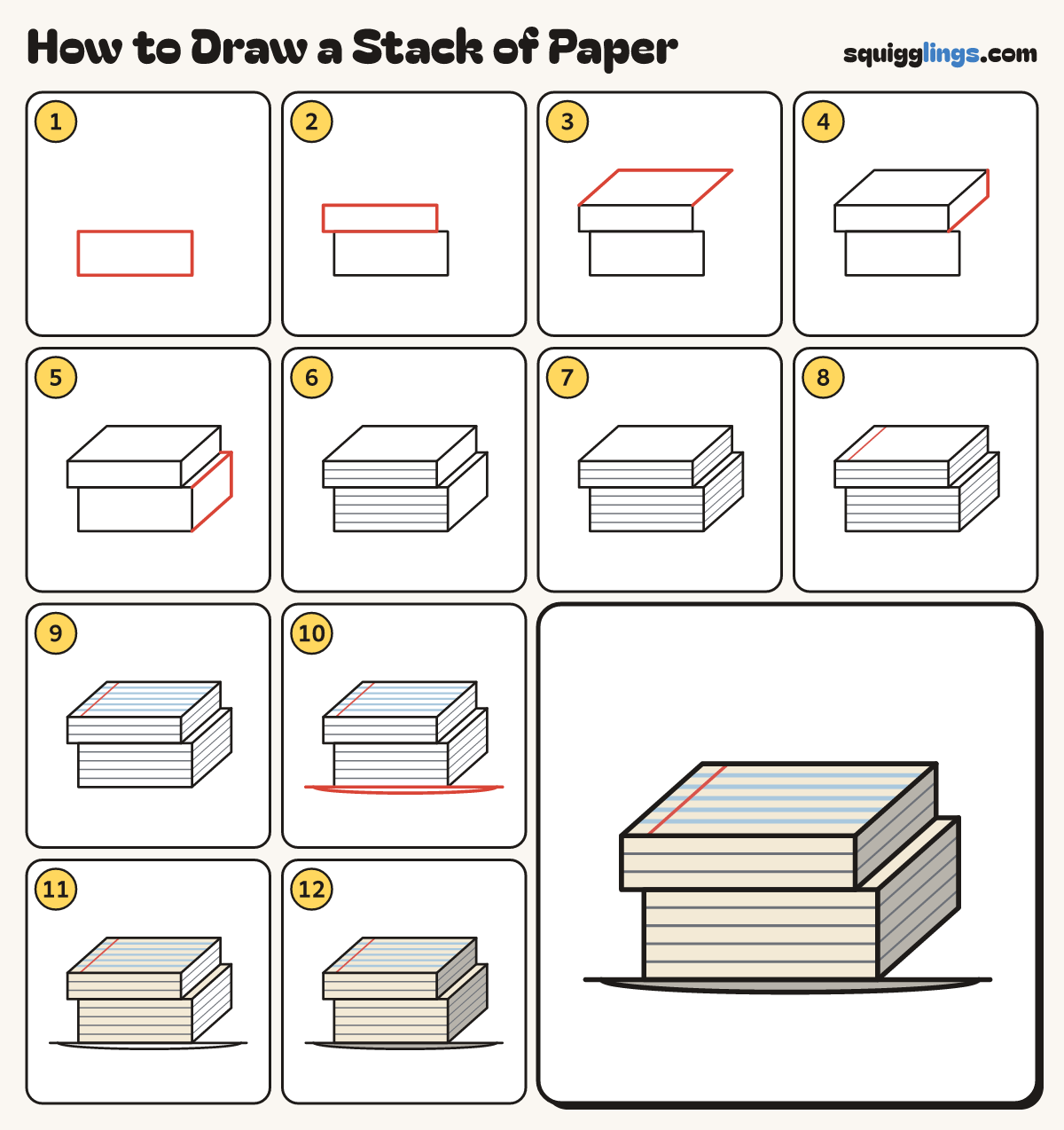 How to Draw a Stack of Paper step by step: all 12 steps in one picture