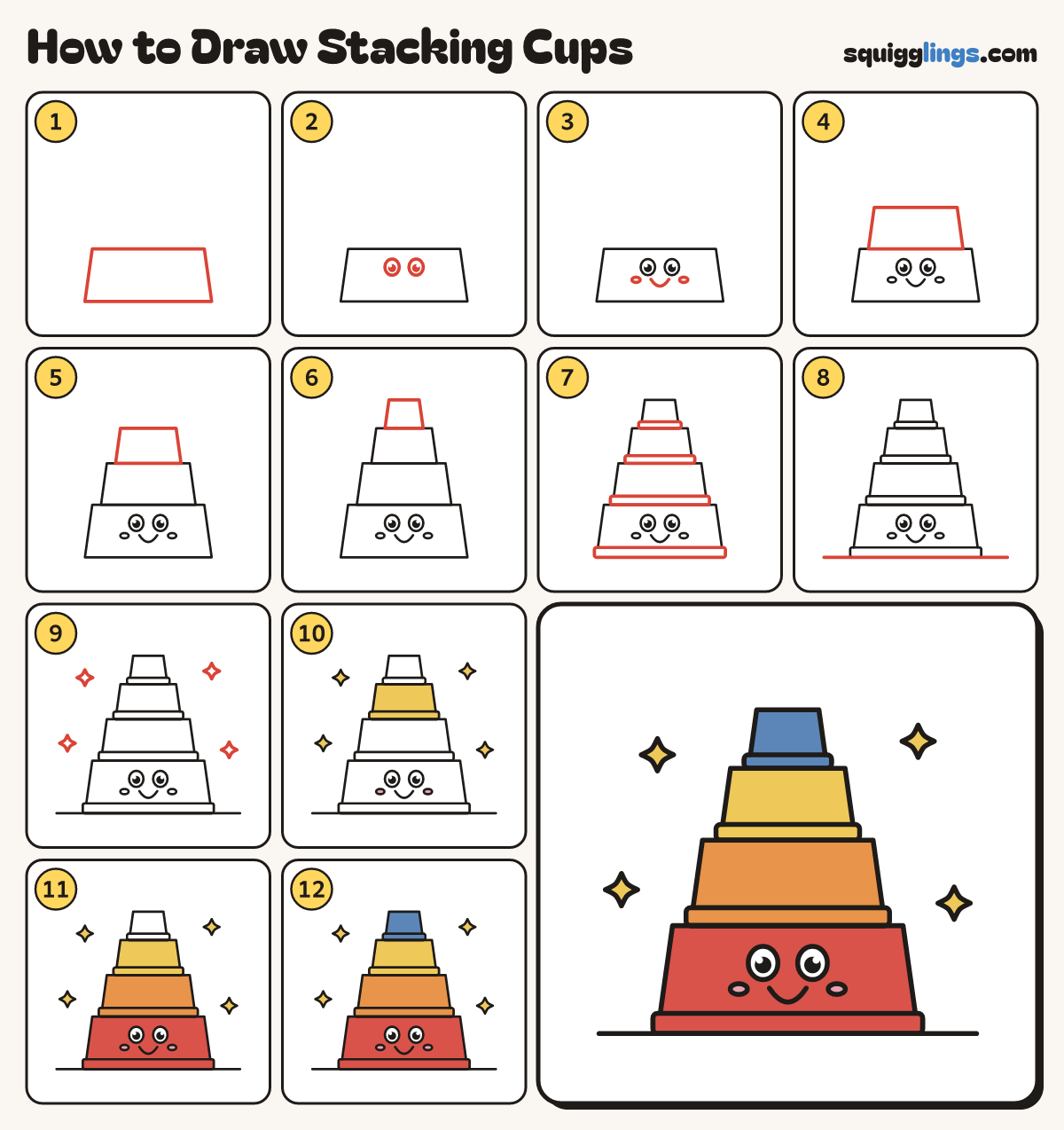 How to Draw Stacking Cups step by step: all 12 steps in one picture