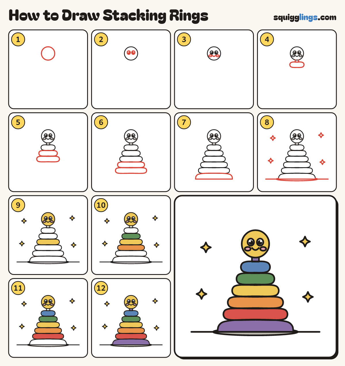 How to Draw Stacking Rings step by step: all 12 steps in one picture