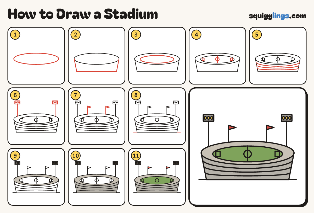 How to Draw a Stadium step by step: all 11 steps in one picture