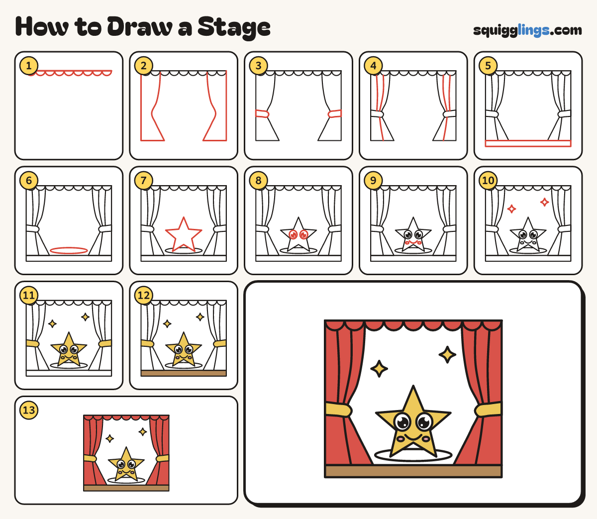 How to Draw a Stage step by step: all 13 steps in one picture