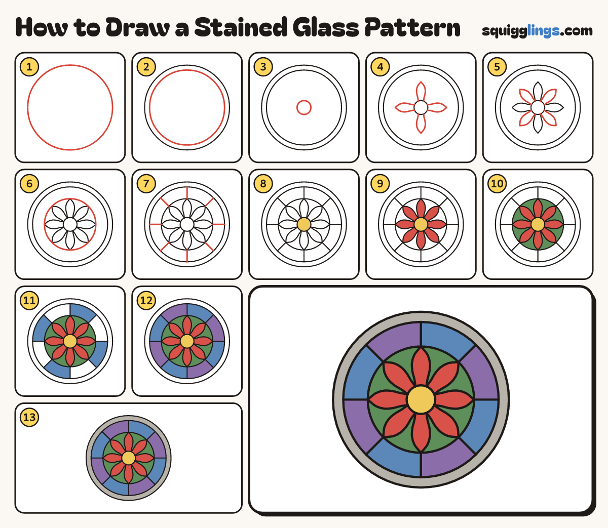 How to Draw a Stained Glass Pattern step by step: all 13 steps in one picture