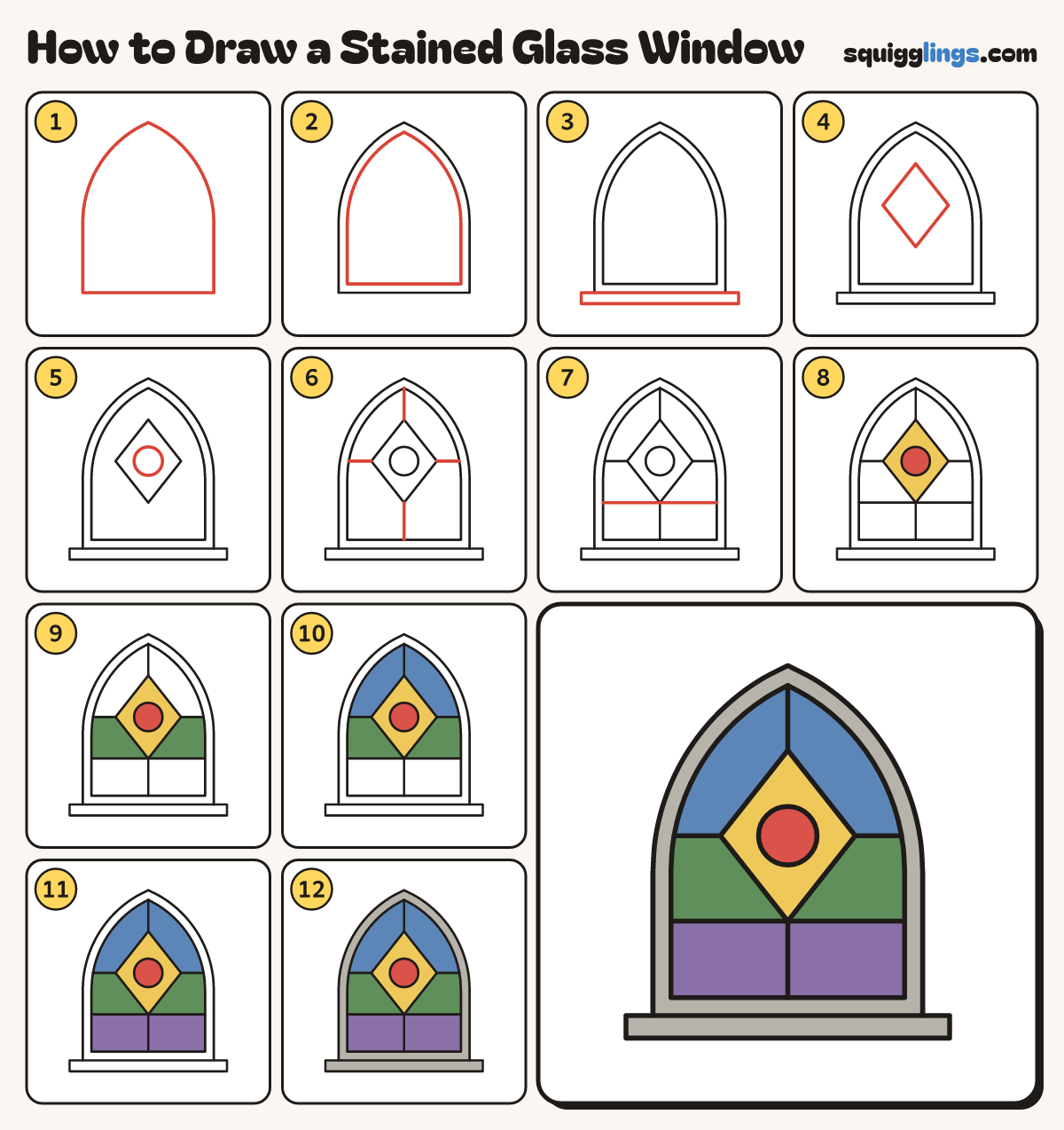 How to Draw a Stained Glass Window step by step: all 12 steps in one picture