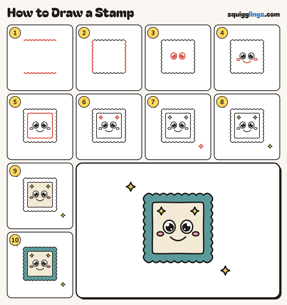 How to Draw a Stamp step by step: all 10 steps in one picture