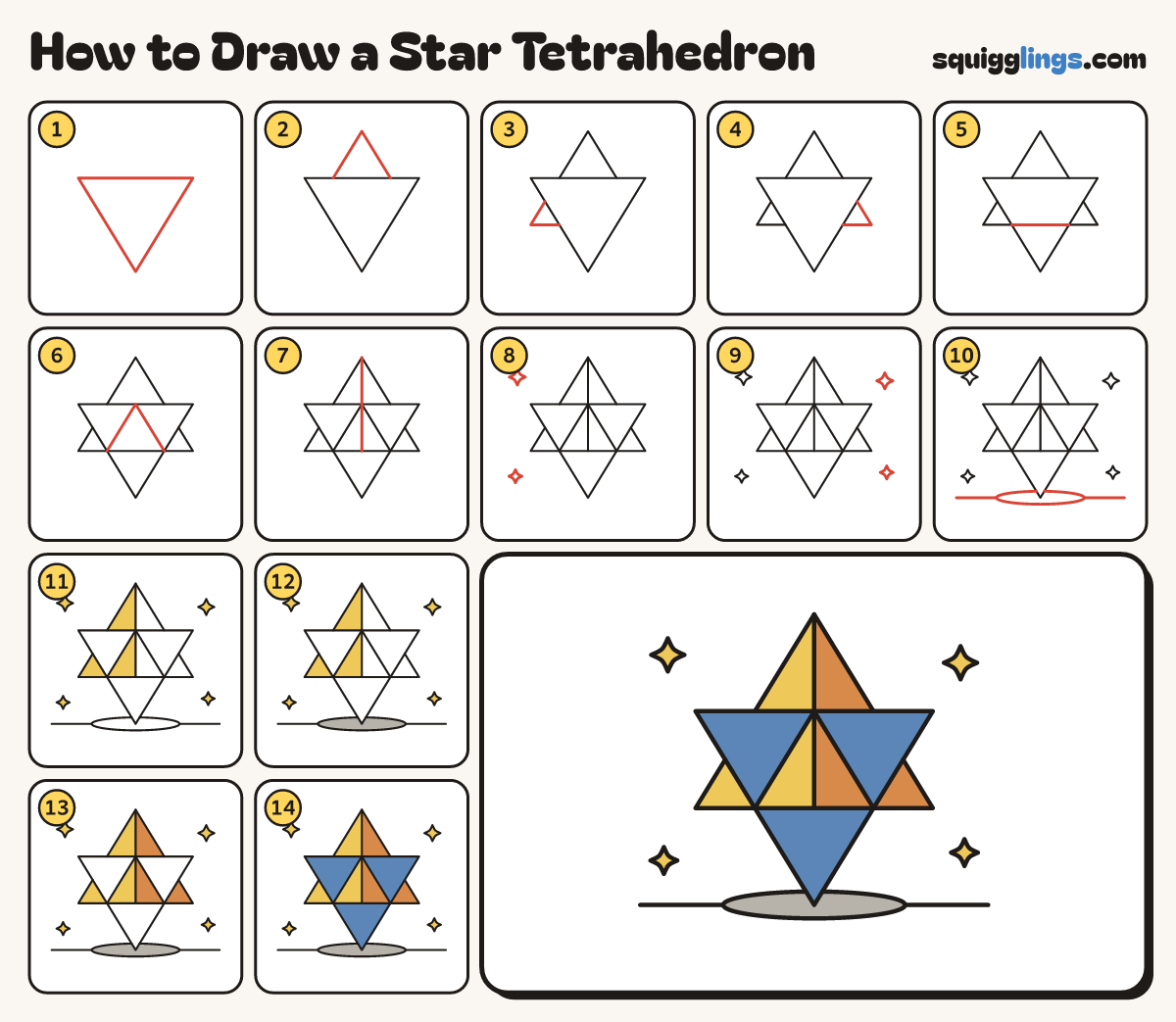 How to Draw a Star Tetrahedron step by step: all 14 steps in one picture