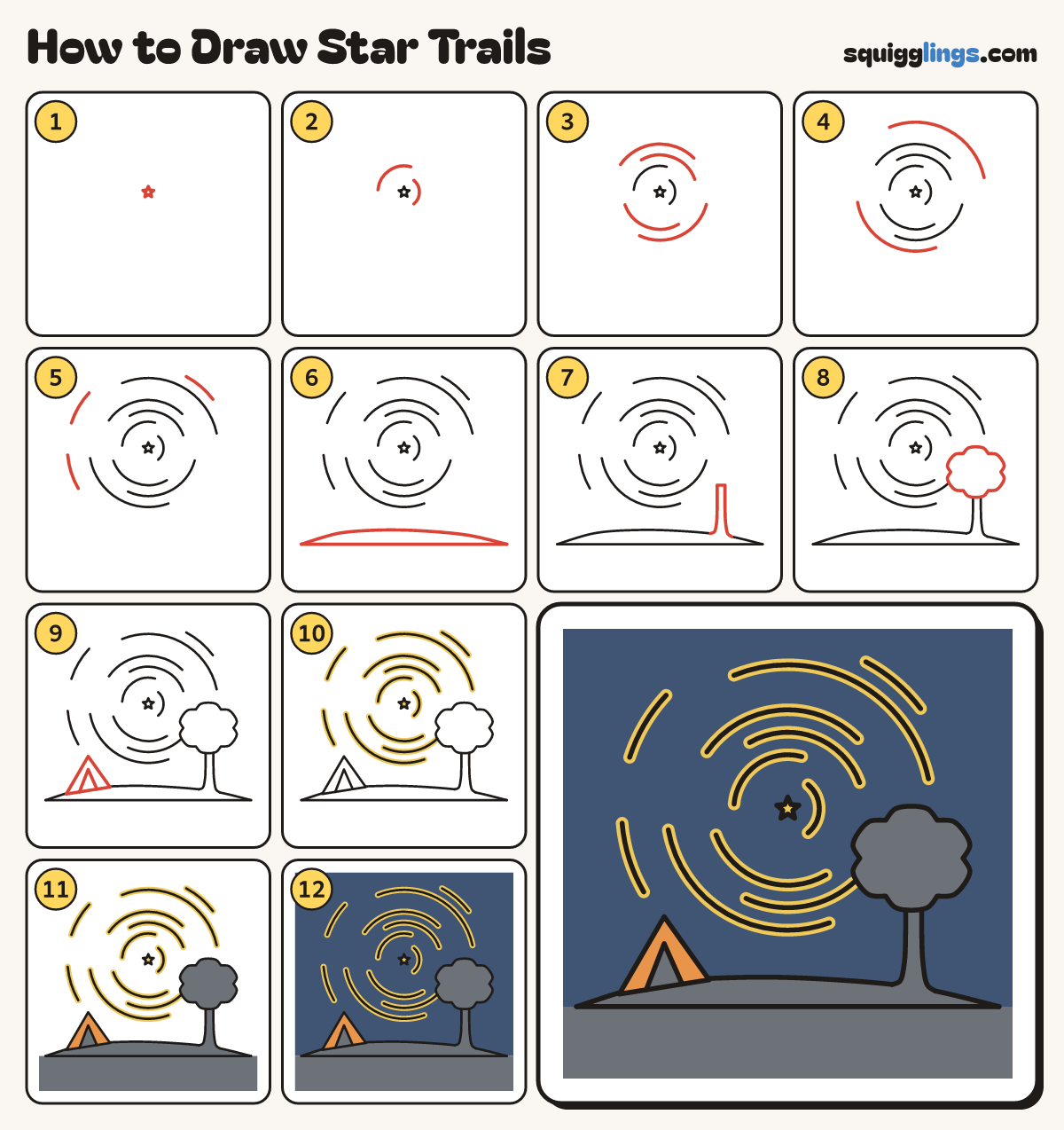 How to Draw Star Trails step by step: all 12 steps in one picture