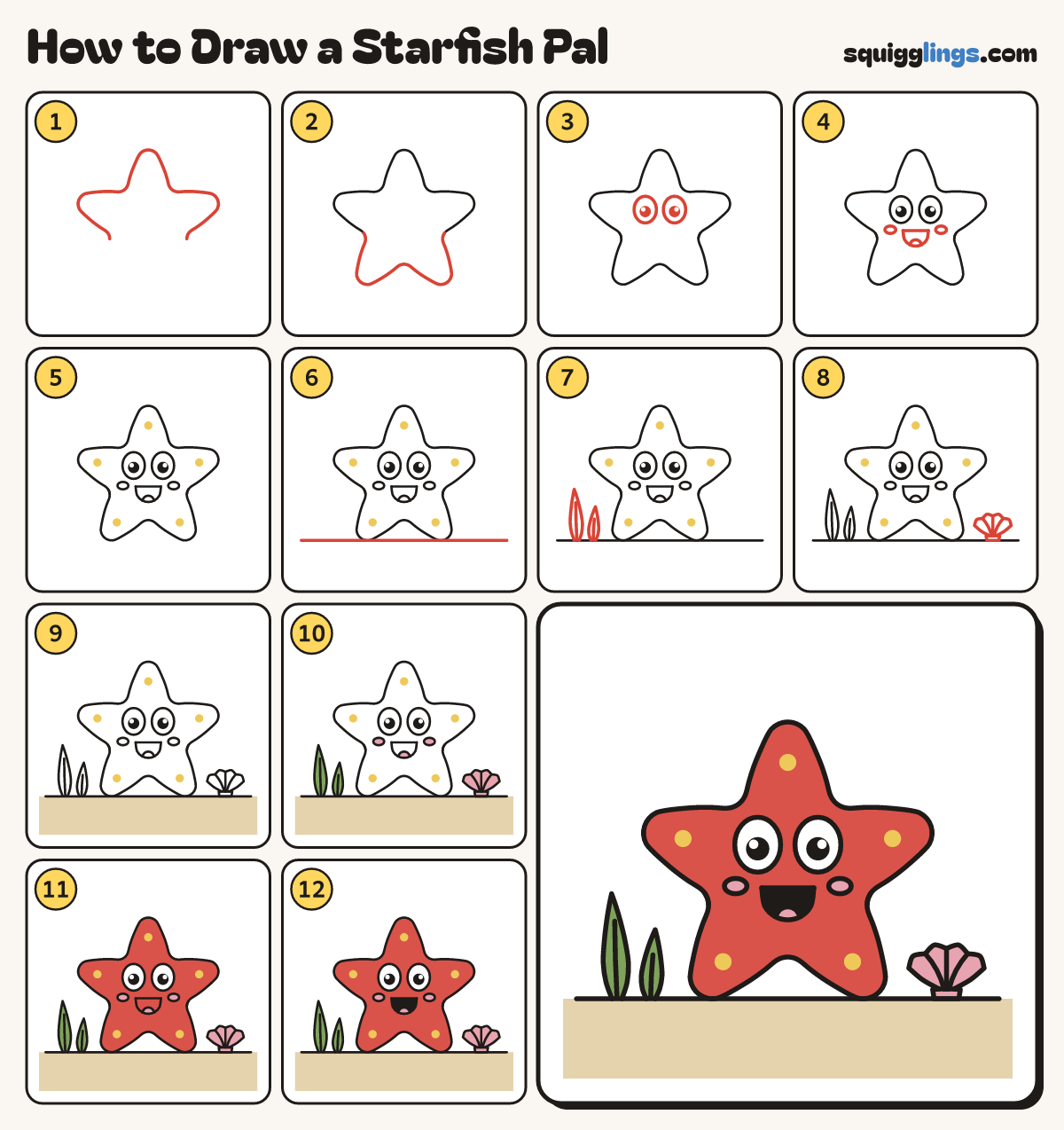 How to Draw a Starfish Pal step by step: all 12 steps in one picture