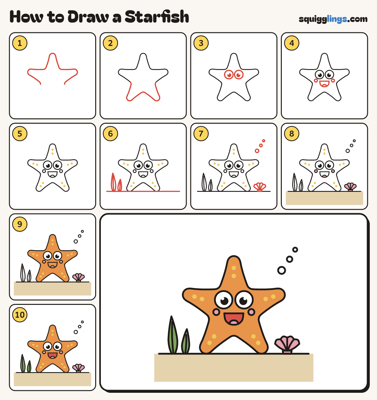 How to Draw a Starfish step by step: all 10 steps in one picture