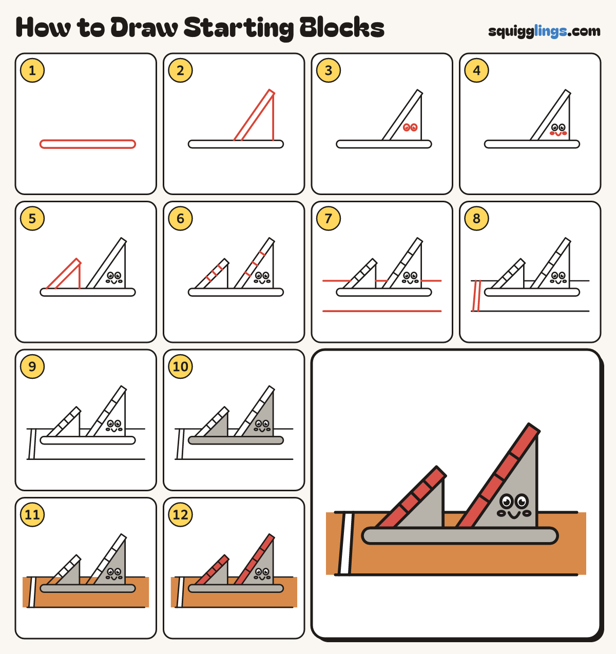 How to Draw Starting Blocks step by step: all 12 steps in one picture