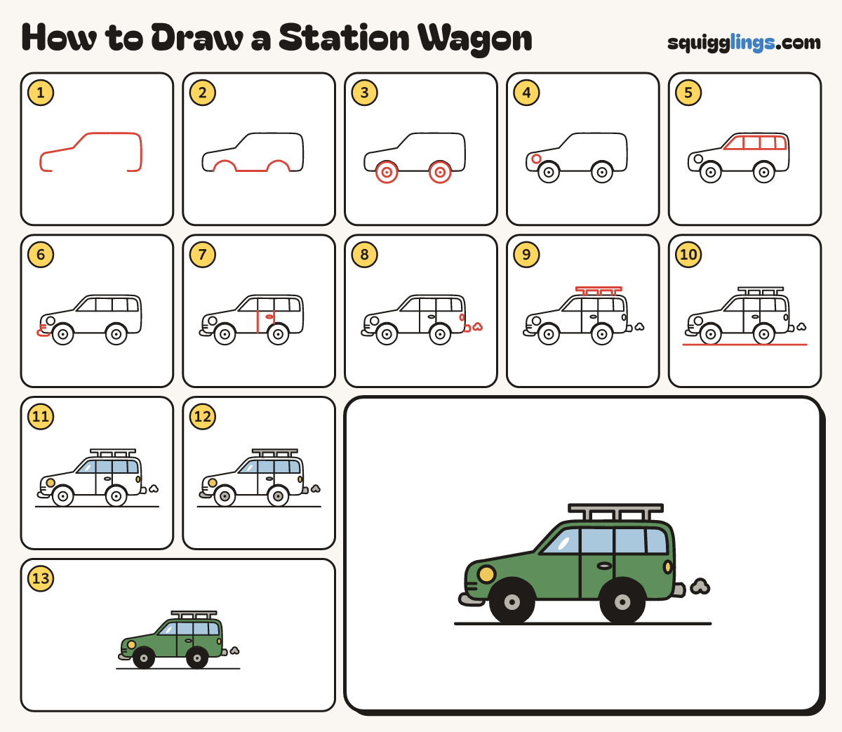 How to Draw a Station Wagon step by step: all 13 steps in one picture