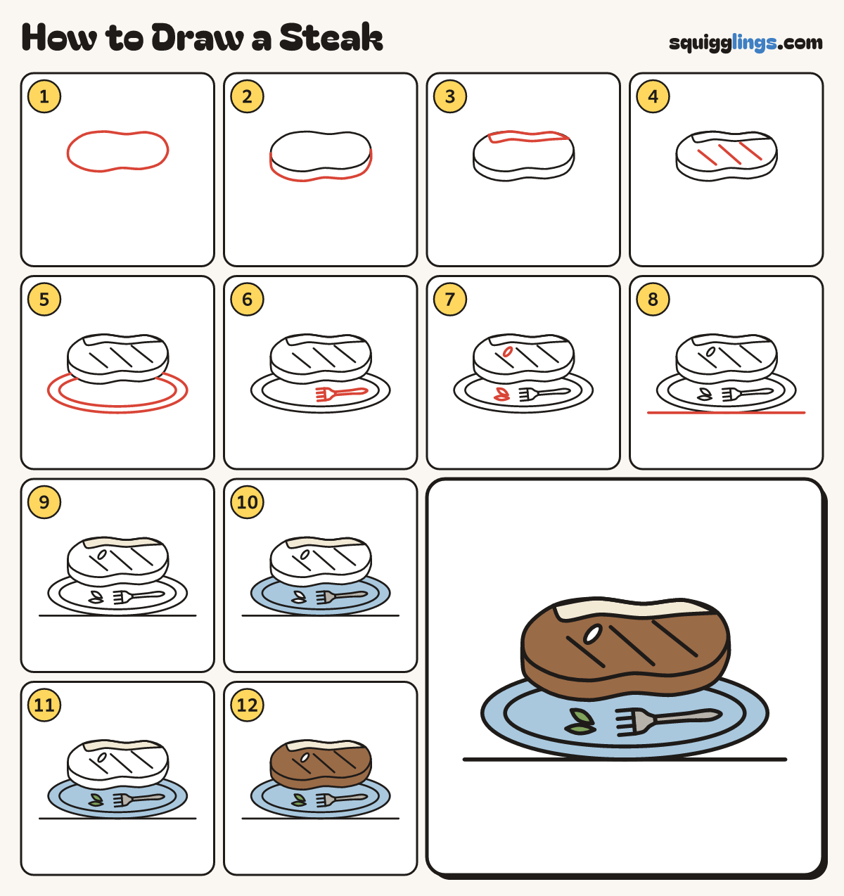 How to Draw a Steak step by step: all 12 steps in one picture