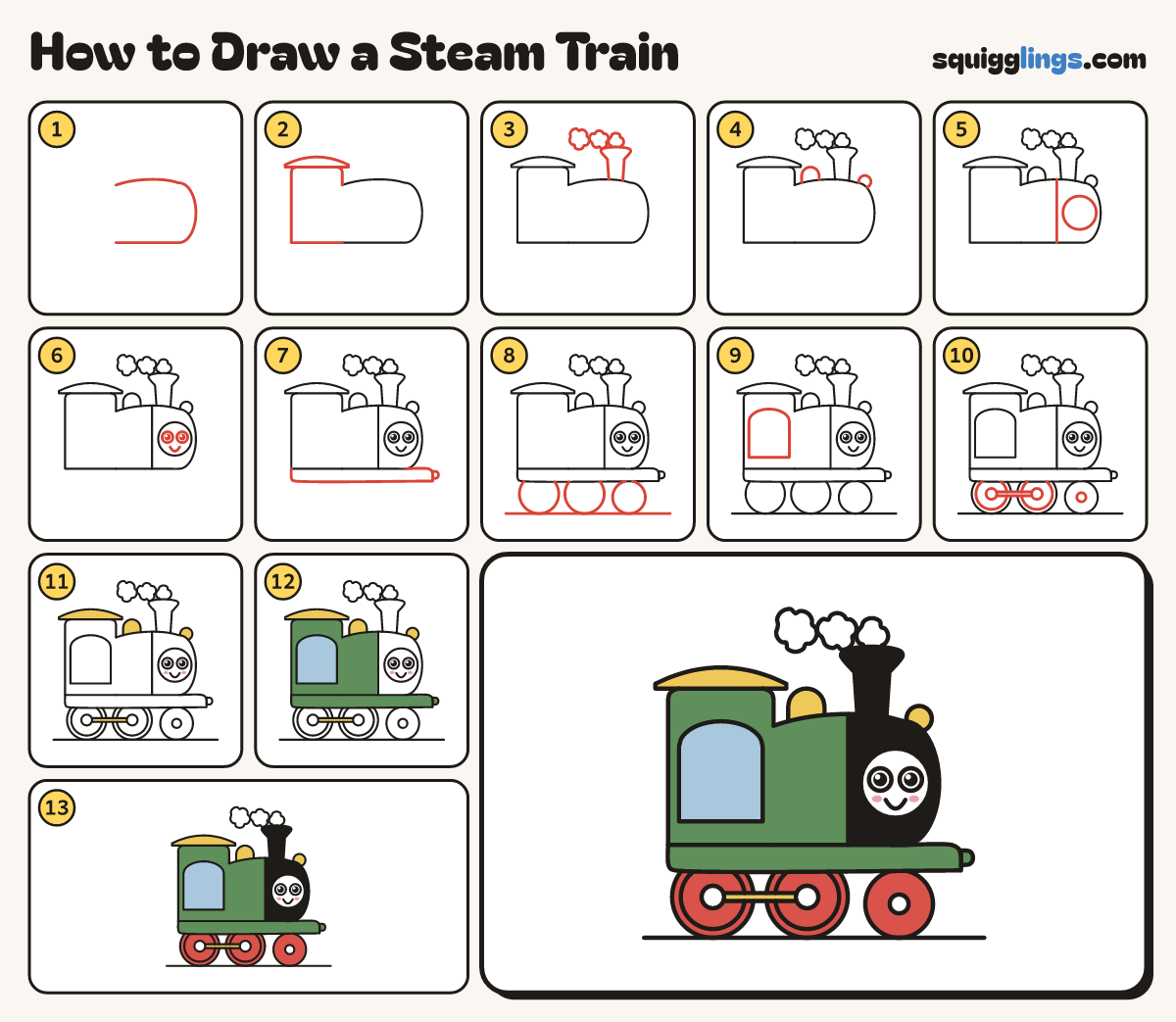 How to Draw a Steam Train step by step: all 13 steps in one picture