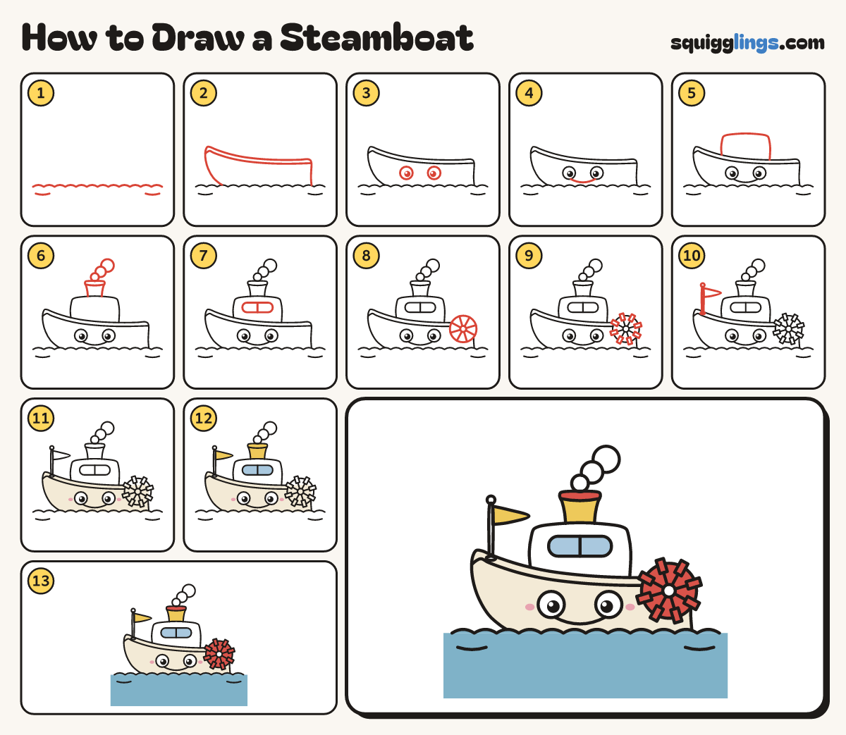 How to Draw a Steamboat step by step: all 13 steps in one picture