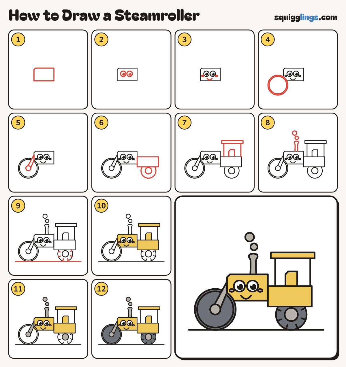 How to Draw a Steamroller step by step: all 12 steps in one picture