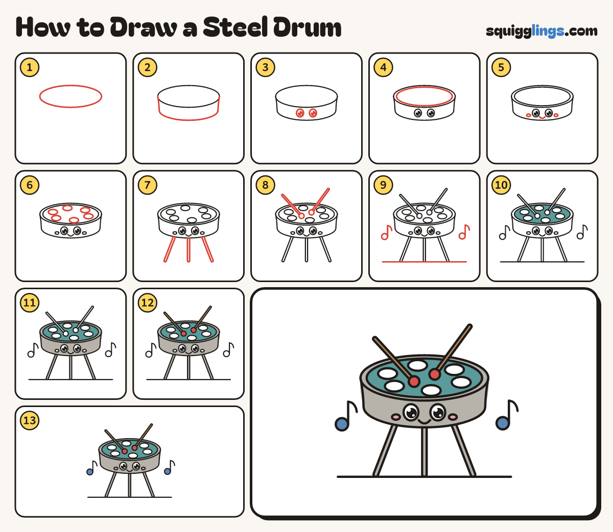 How to Draw a Steel Drum step by step: all 13 steps in one picture