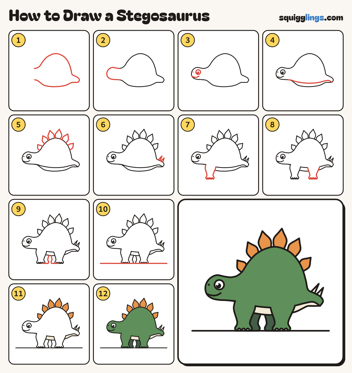 How to Draw a Stegosaurus step by step: all 12 steps in one picture
