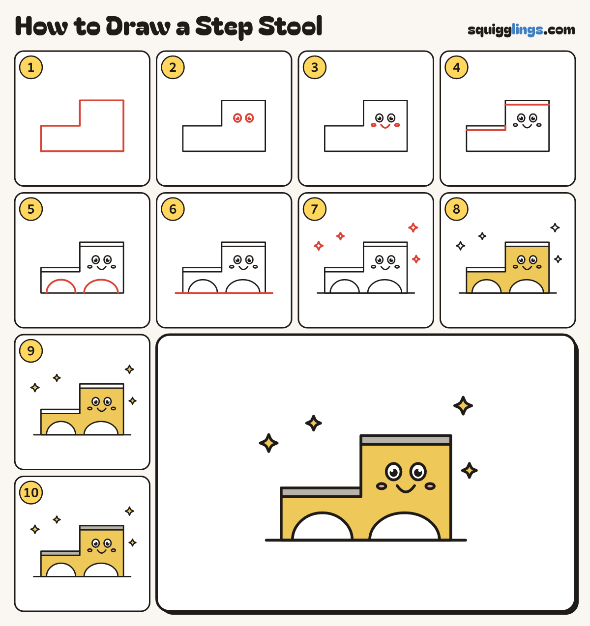 How to Draw a Step Stool step by step: all 10 steps in one picture