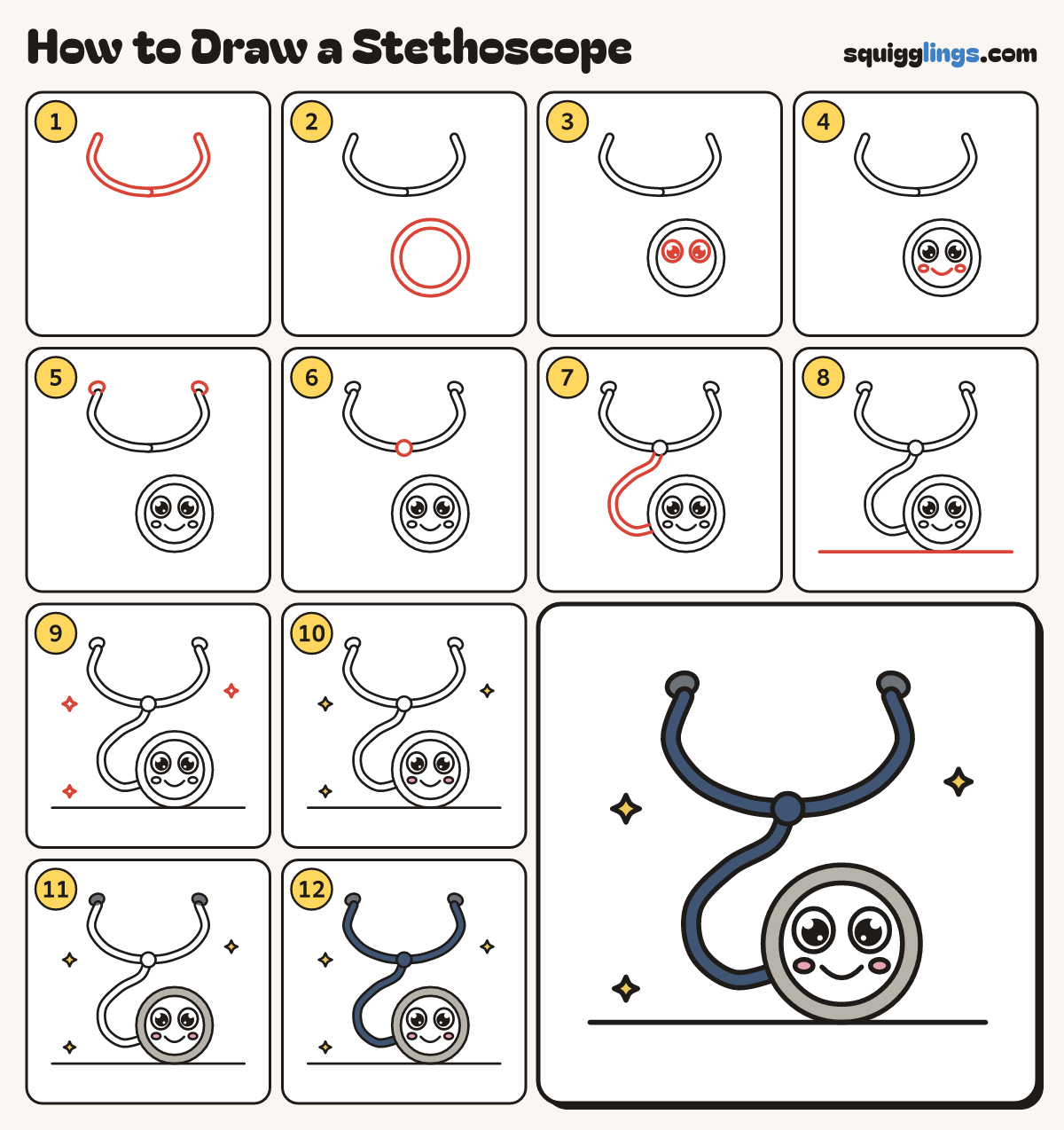 How to Draw a Stethoscope step by step: all 12 steps in one picture
