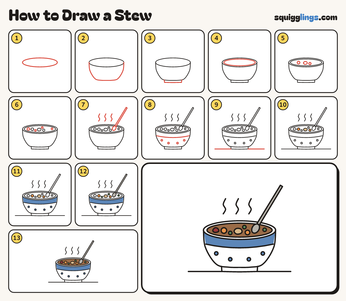 How to Draw a Stew step by step: all 13 steps in one picture