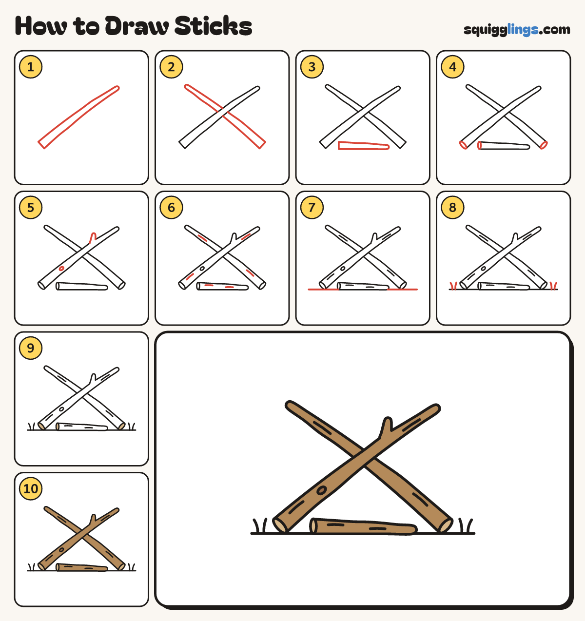 How to Draw Sticks step by step: all 10 steps in one picture