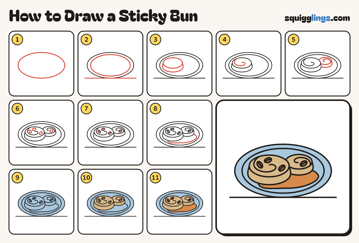 How to Draw a Sticky Bun step by step: all 11 steps in one picture