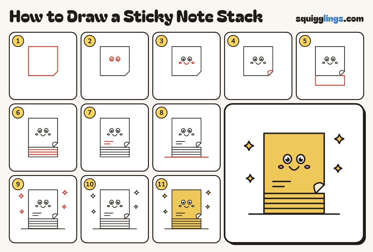 How to Draw a Sticky Note Stack step by step: all 11 steps in one picture