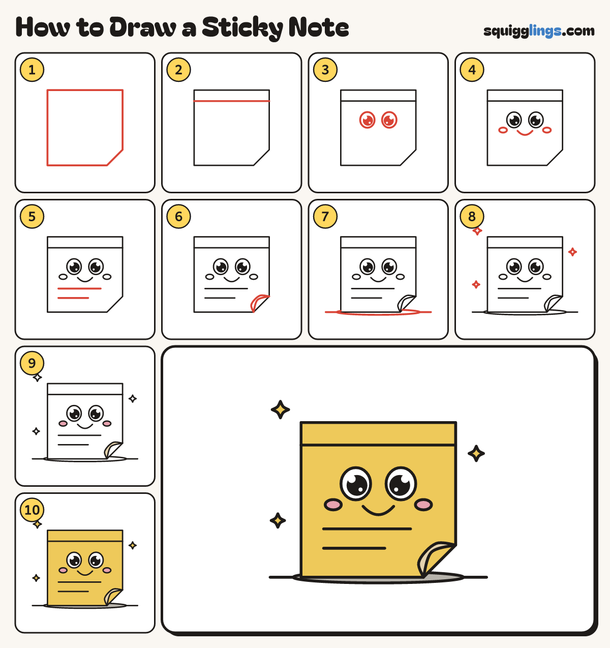 How to Draw a Sticky Note step by step: all 10 steps in one picture