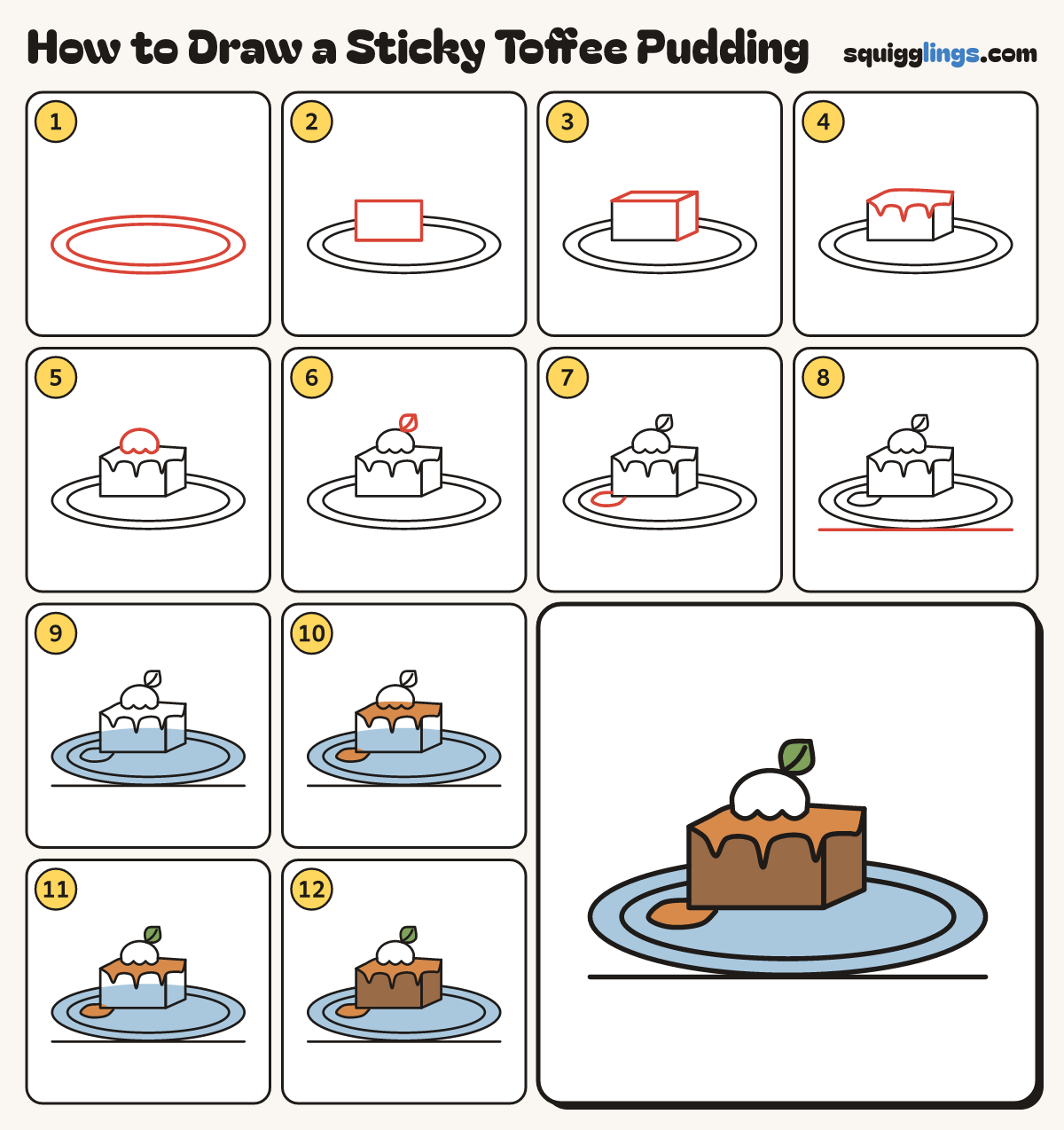 How to Draw a Sticky Toffee Pudding step by step: all 12 steps in one picture