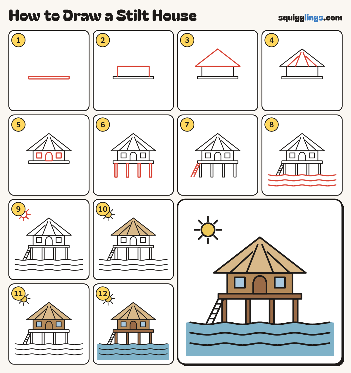 How to Draw a Stilt House step by step: all 12 steps in one picture