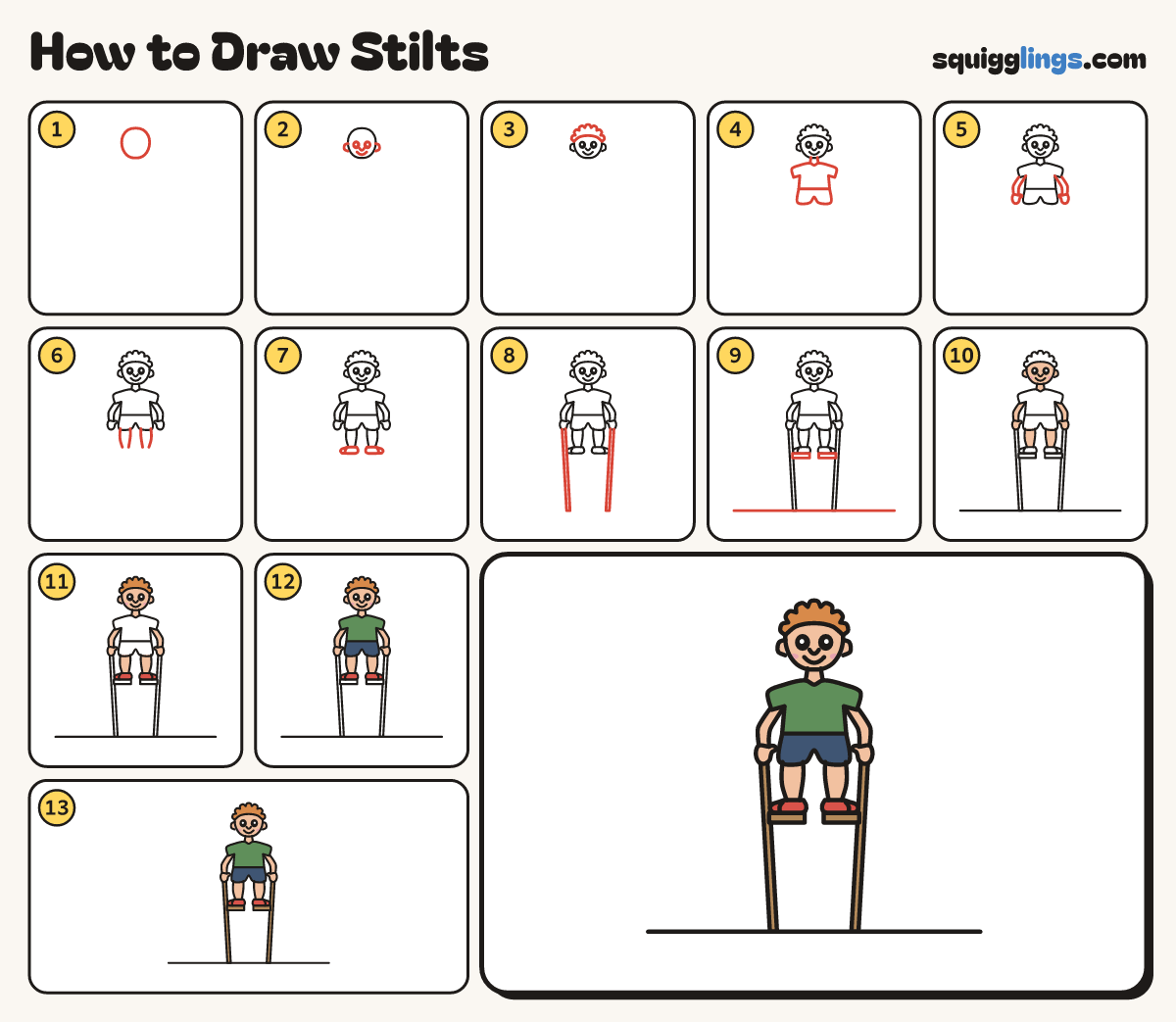 How to Draw Stilts step by step: all 13 steps in one picture