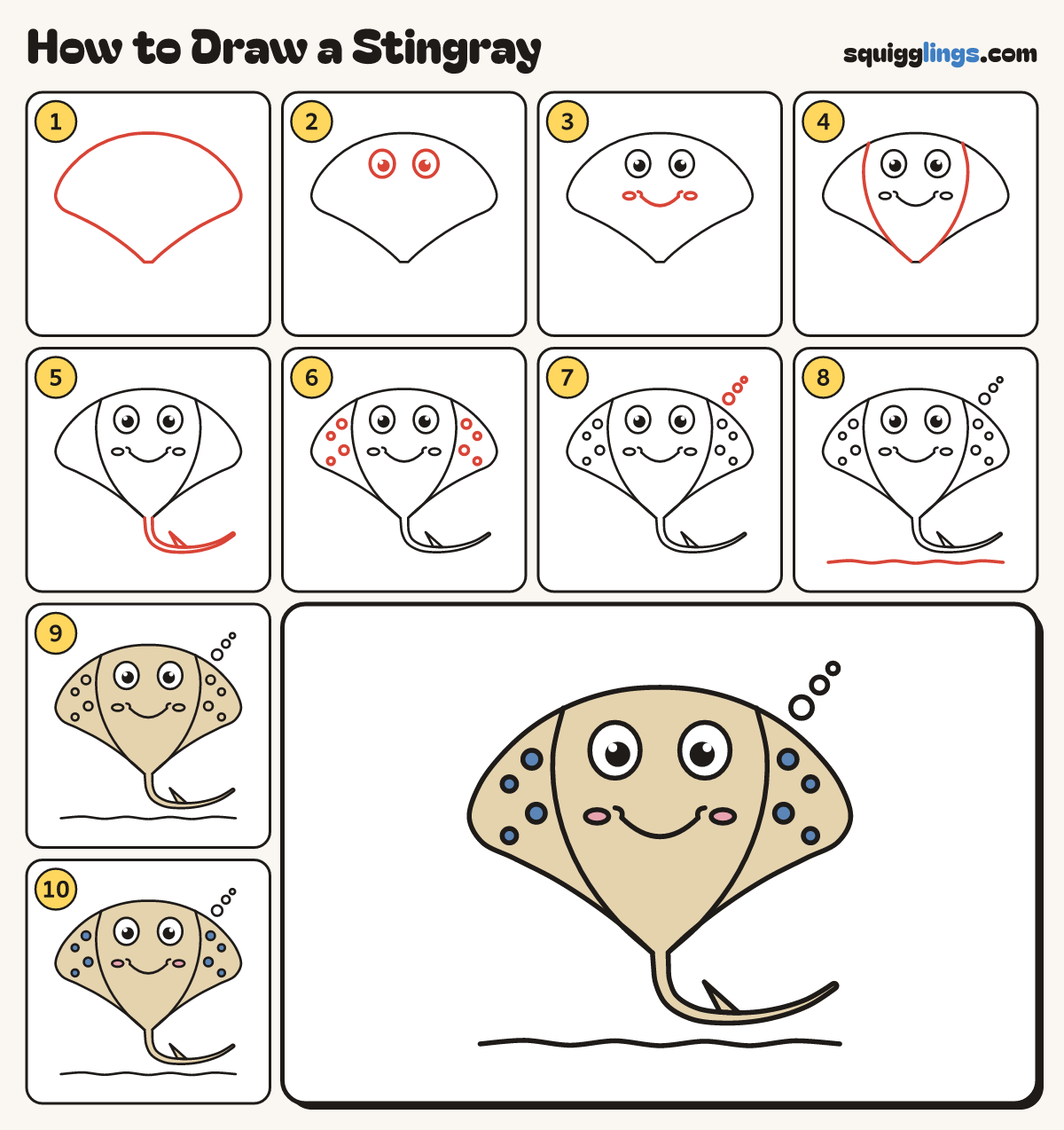 How to Draw a Stingray step by step: all 10 steps in one picture