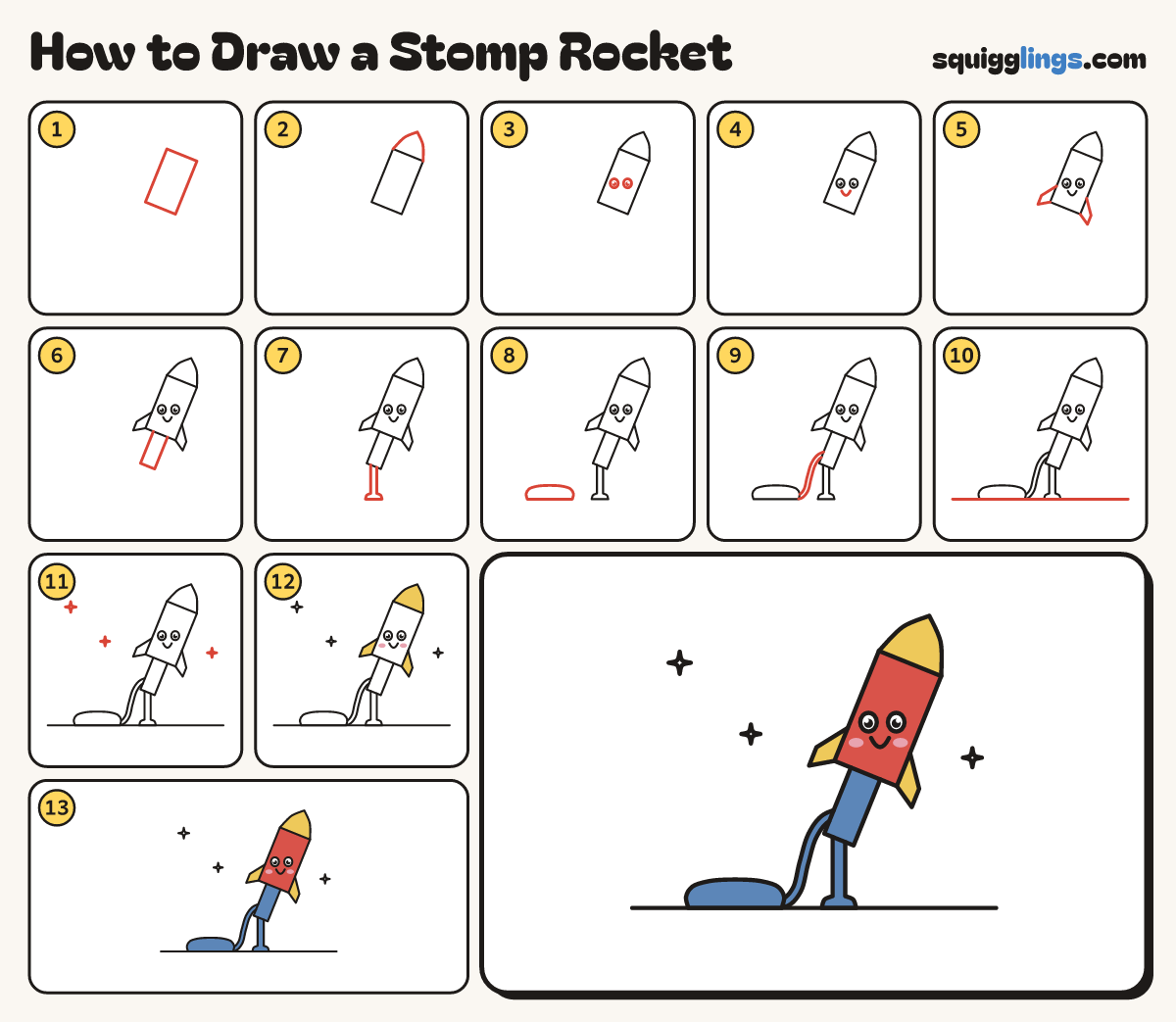 How to Draw a Stomp Rocket step by step: all 13 steps in one picture