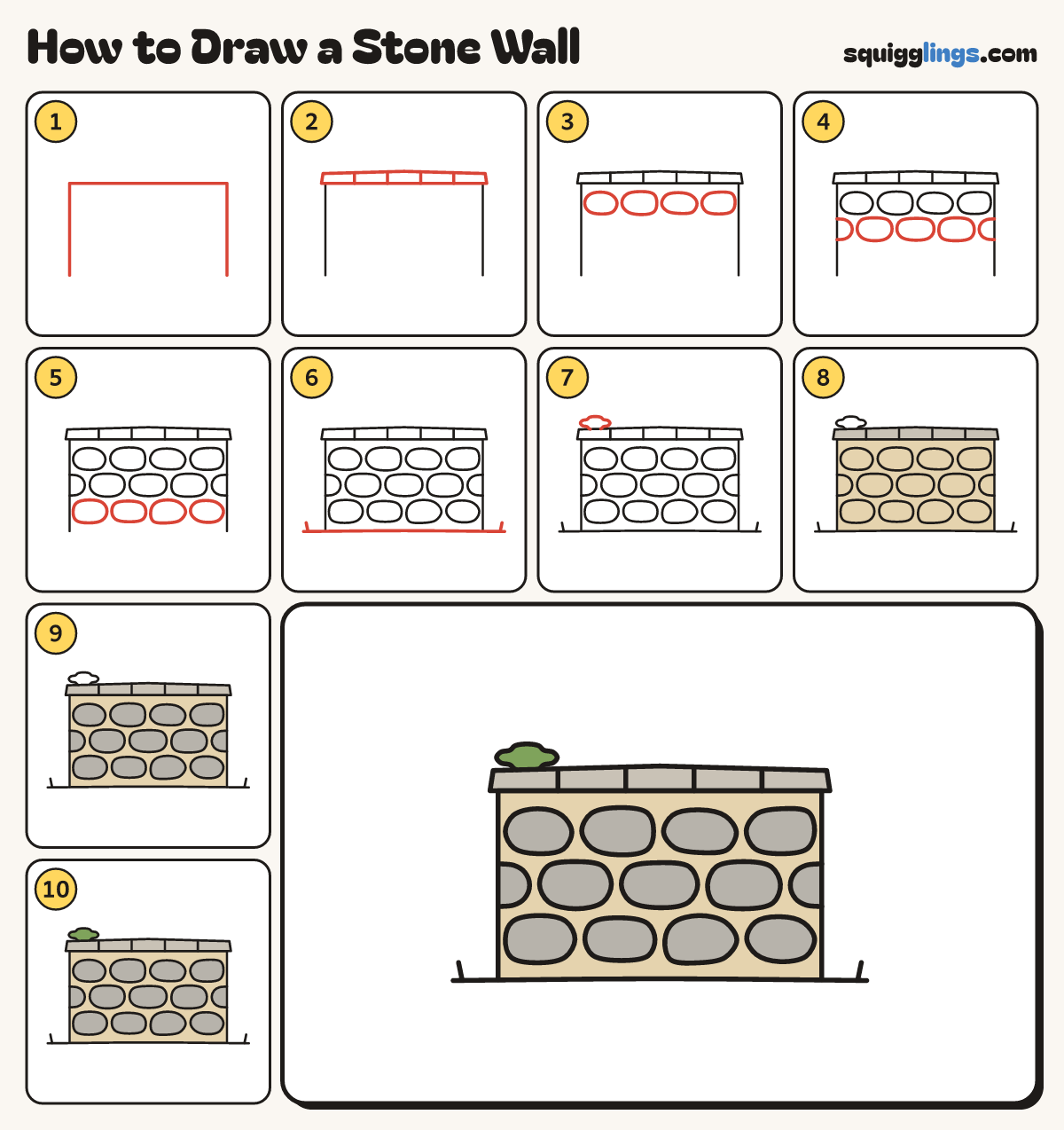 How to Draw a Stone Wall step by step: all 10 steps in one picture