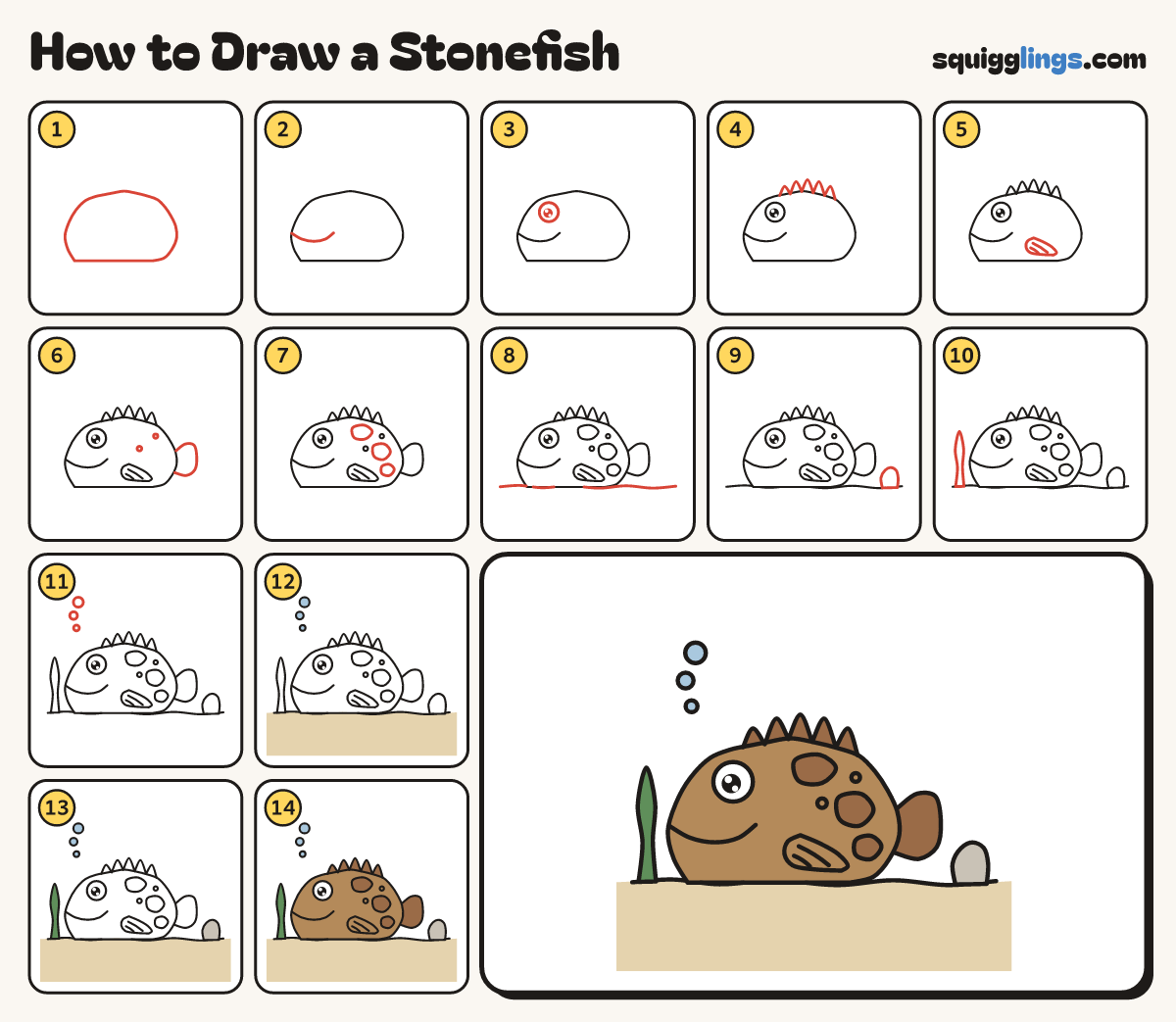 How to Draw a Stonefish step by step: all 14 steps in one picture