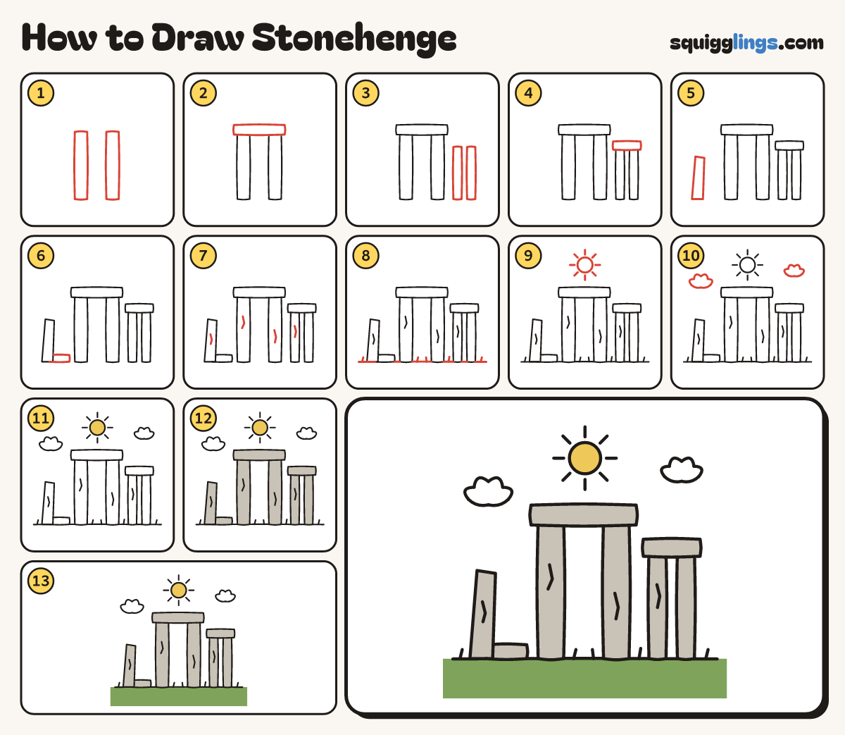 How to Draw Stonehenge step by step: all 13 steps in one picture