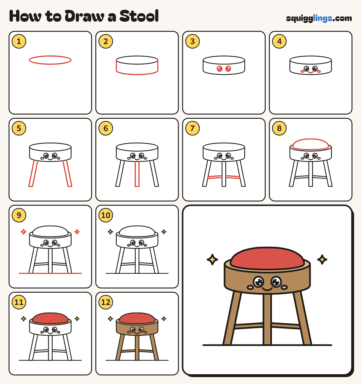 How to Draw a Stool step by step: all 12 steps in one picture