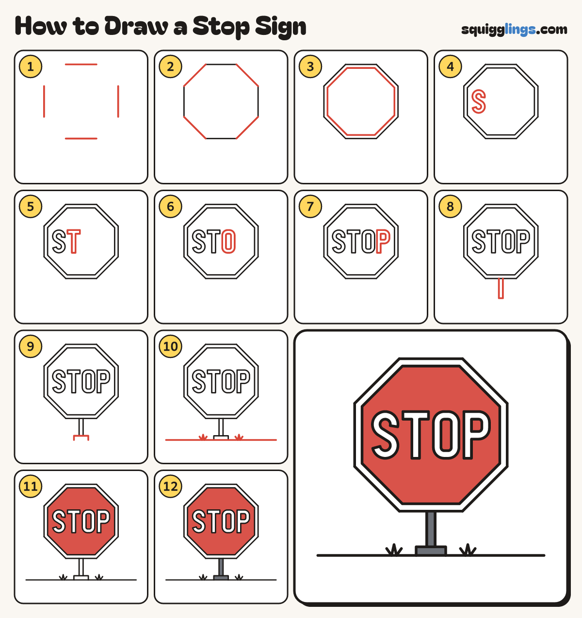 How to Draw a Stop Sign step by step: all 12 steps in one picture