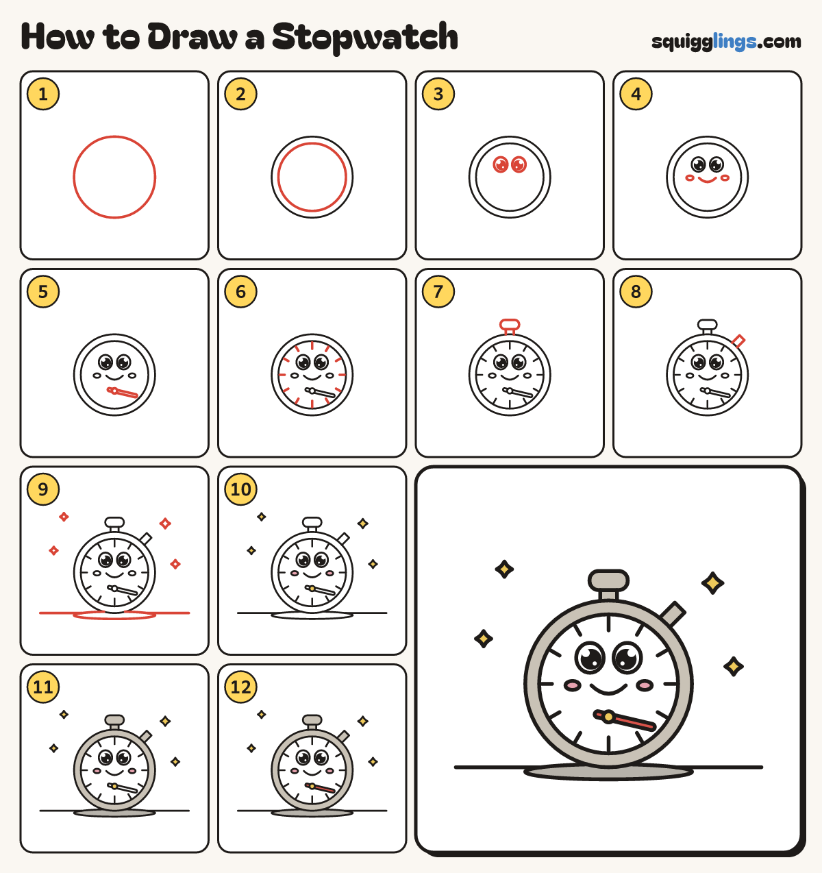 How to Draw a Stopwatch step by step: all 12 steps in one picture