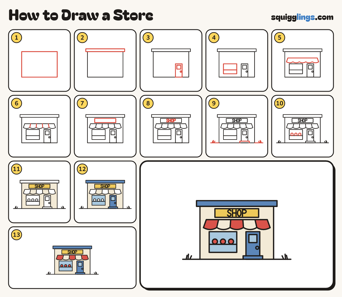 How to Draw a Store step by step: all 13 steps in one picture