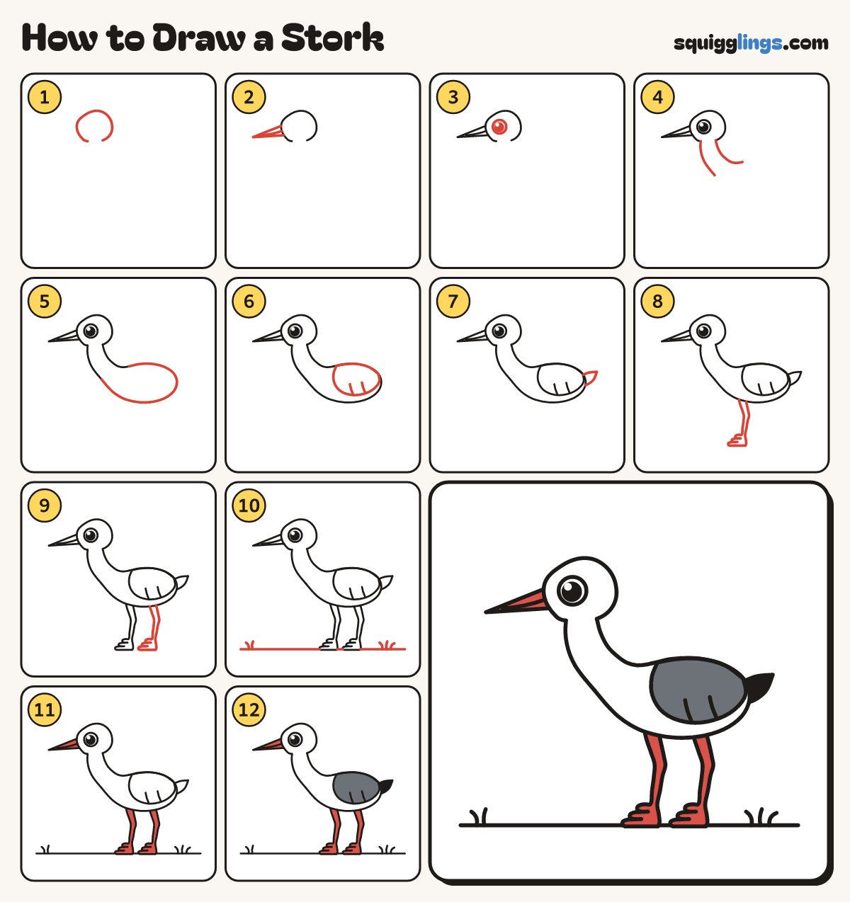 How to Draw a Stork step by step: all 12 steps in one picture