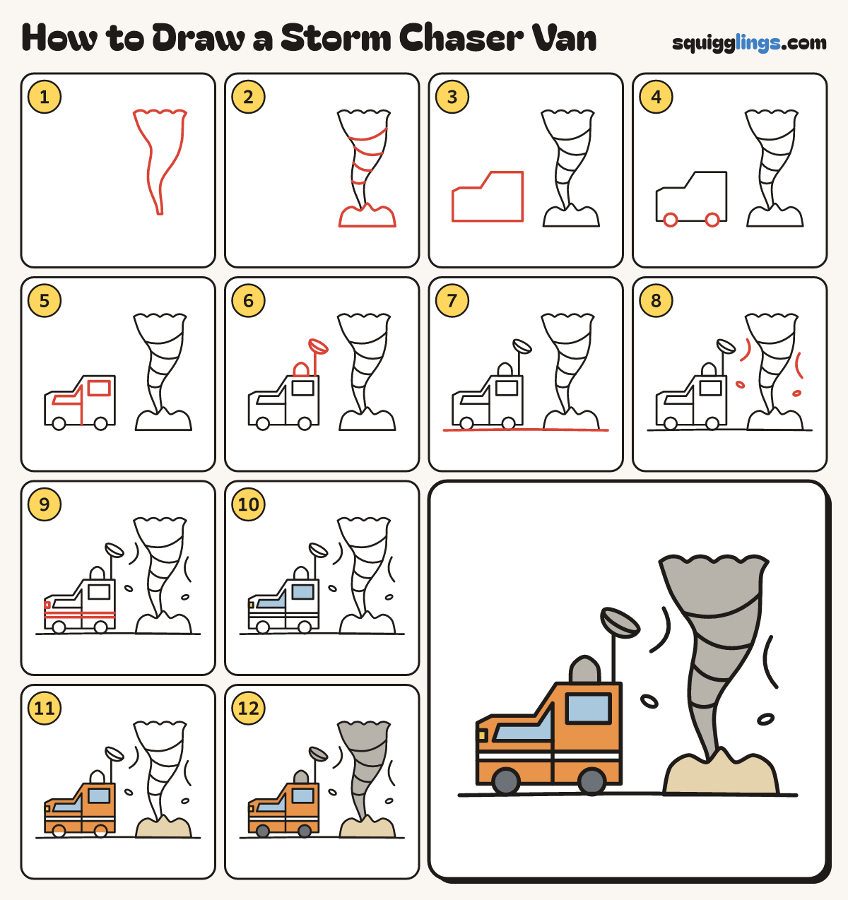 How to Draw a Storm Chaser Van step by step: all 12 steps in one picture