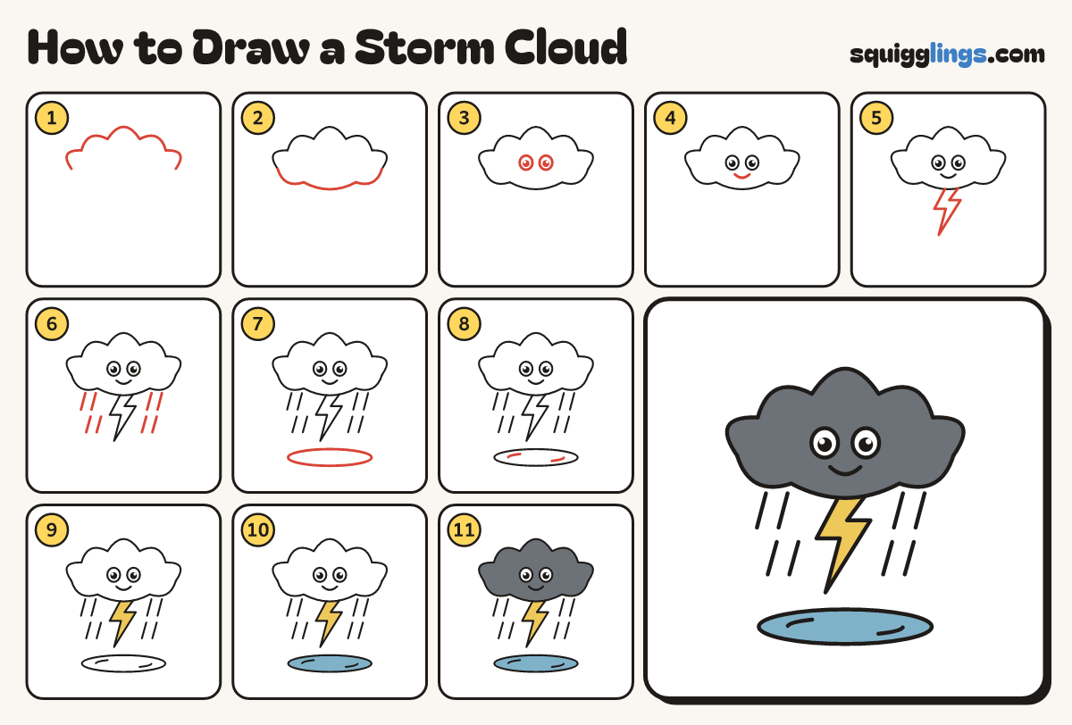 How to Draw a Storm Cloud step by step: all 11 steps in one picture